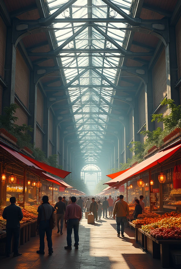 Draw a market under a large steel structure roof