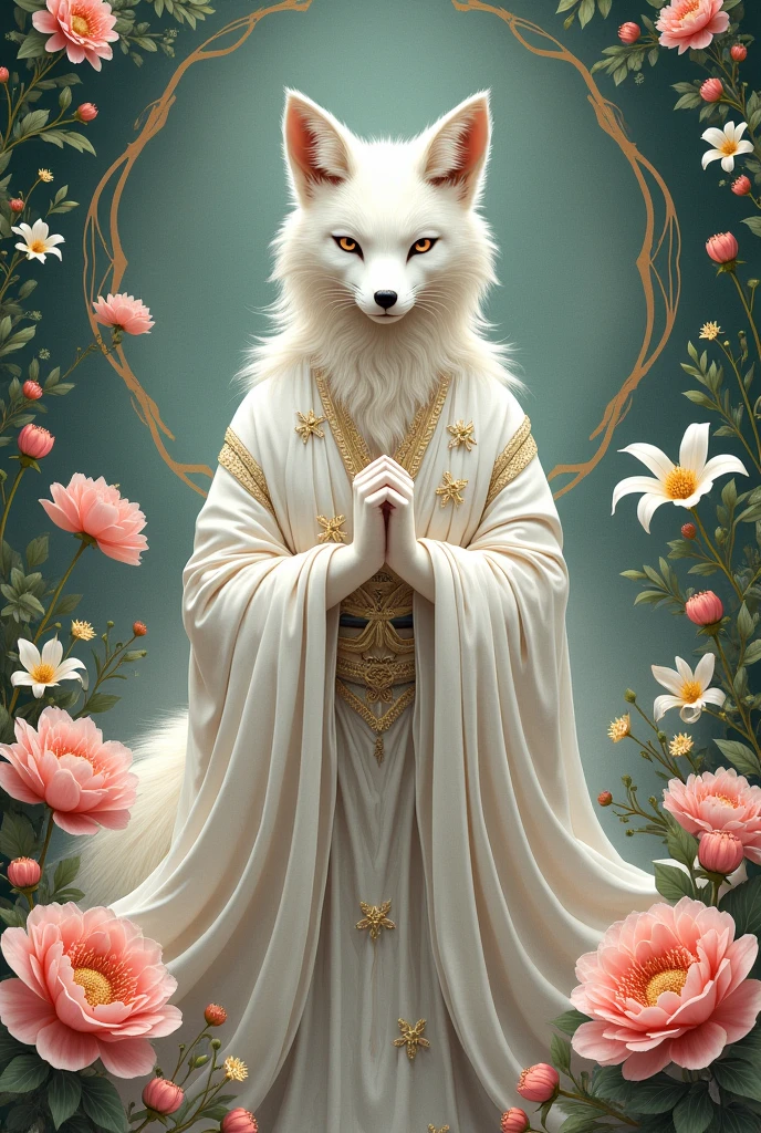 White fox goddess coat of arms with flowers 
