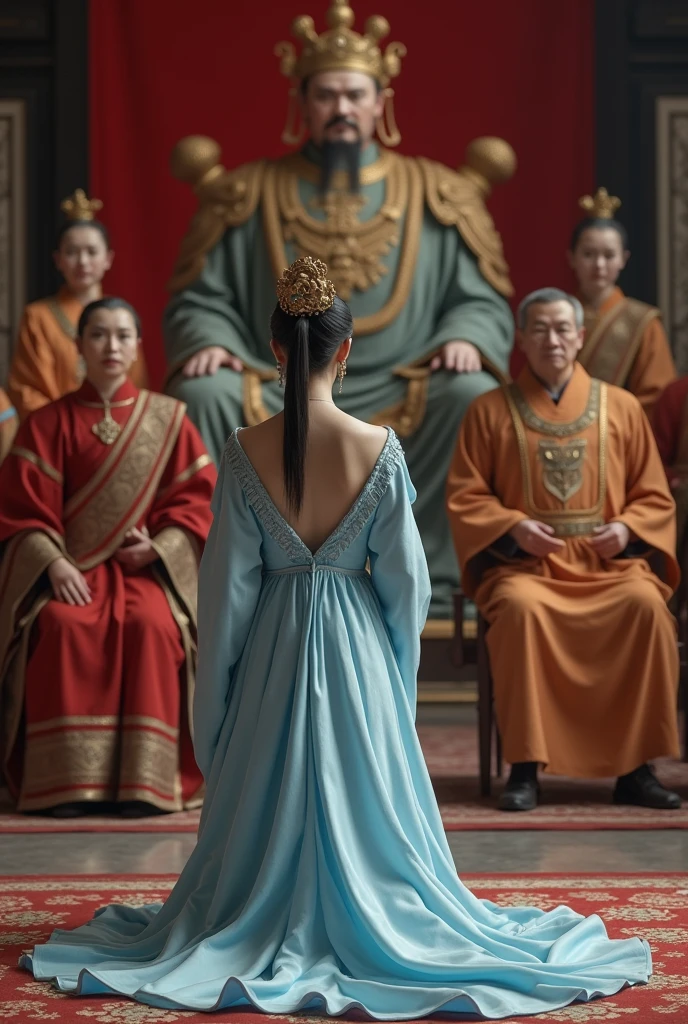 In ancient China, the Tang Dynasty, a woman wearing a light blue dress made of shiny, silky fabric kneeled in front of a throne to receive her title in front of the officials in a palace hall.