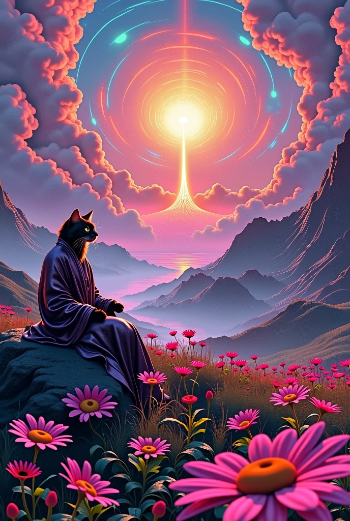 Create a psychedelic, surreal landscape with a glow, radiant sunbeam in the center, surrounded by whirlpools, neon colored clouds. The scene should present a vibrant, volcano spewing lava in the background, and a grassy field in the foreground filled with large, brightly colored daisies. Includes a cat figure dressed in shiny clothes, flowing robes, resting peacefully on a rock. The overall style should be highly detailed., with intense, saturated colors, bold contrasts, and a trip, supernatural atmosphere that blends natural and fantastic elements perfectly.
