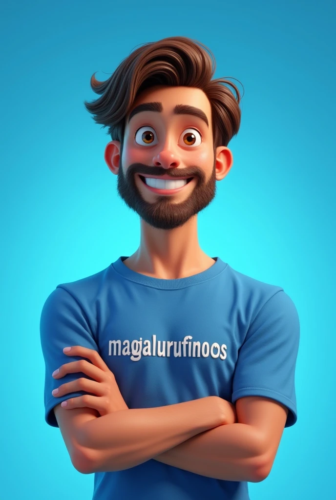 Pixar drawing of a handsome 2 man with brown eyes, beard, medium long straight wavy hair, wearing a blue shirt with "Magalurufinoos" written on it, with his arms crossed, facing the camera. with blue studio background