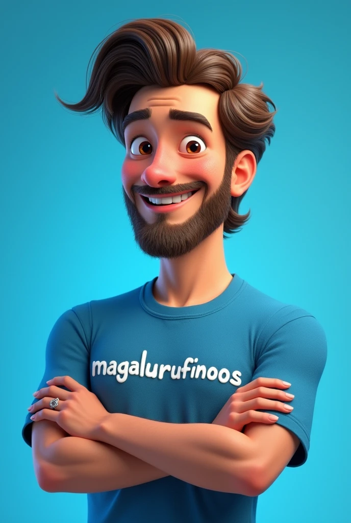 Pixar drawing of a handsome 2 man with brown eyes, beard, medium long straight wavy hair, wearing a blue shirt with "Magalurufinoos" written on it, with his arms crossed, facing the camera. with blue studio background