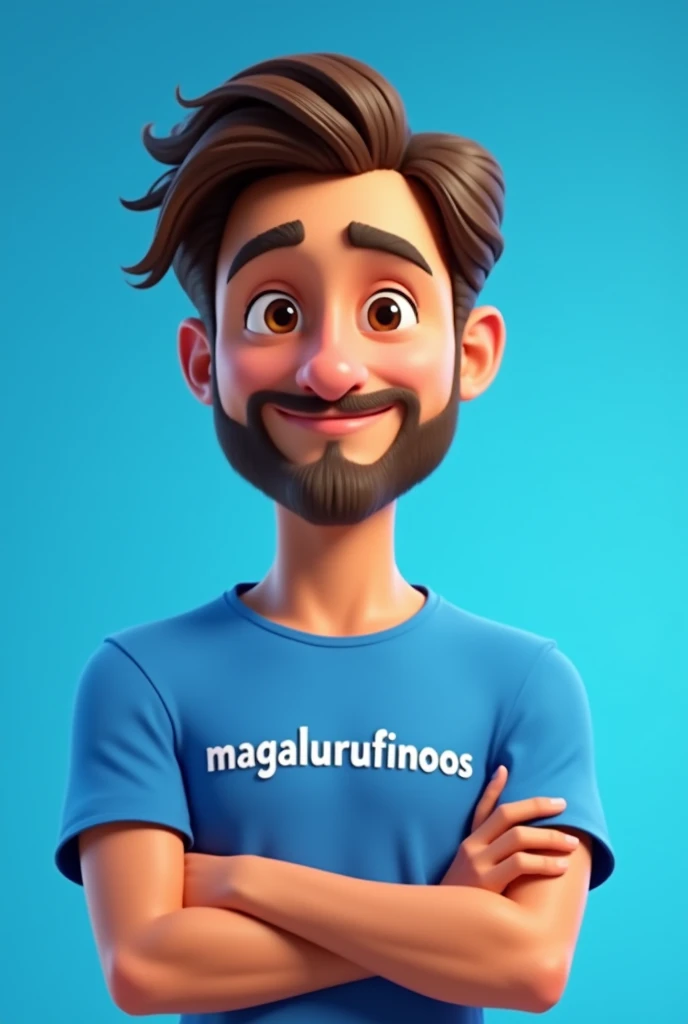 Pixar drawing of a handsome 2 man with brown eyes, beard, medium long straight wavy hair, wearing a blue shirt with "Magalurufinoos" written on it, with his arms crossed, facing the camera. with blue studio background