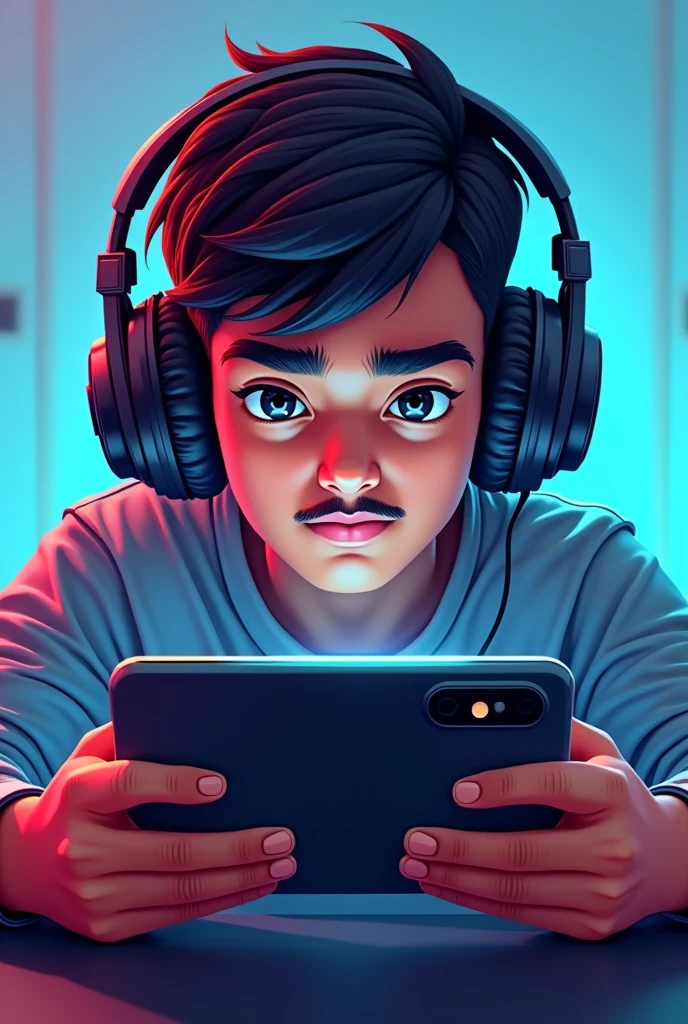 create a gaming logo ,a indian boy (light moustache, straight hair)with gaming headphones and apple iphone playing game on it