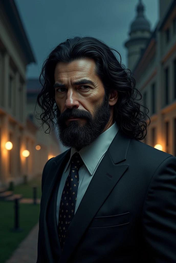 realism, suit, middle age man, long curly hair, black hair, black Beard, night, thai university