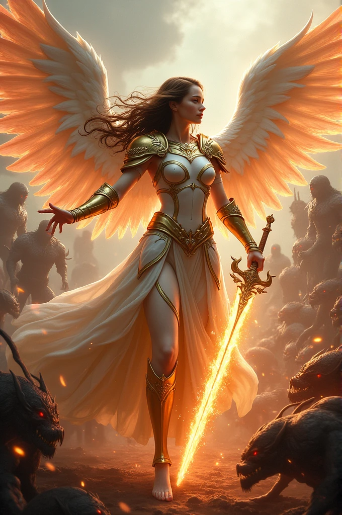 A girl with brown hair and dark eyes, she has white and red wings, wears white and gold armor and has a flaming sword.
She is fighting with demon-like creatures.