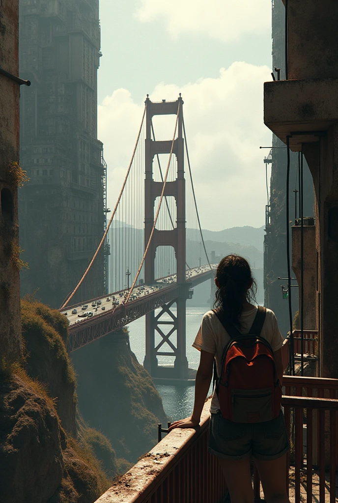 Dystopian and post-apocalyptic landscape of the rusty and ruined Golden Gate Bridge in the middle of the image, Seen by a dirty girl with a backpack on her back from a balcony of a dilapidated, ultra-futuristic building, the bridge is between several ultra futuristic and deteriorated and abandoned tall buildings, post-apocalyptic scenario, there is a reinforced concrete walkway connecting two dark buildings on the horizon, There are many power lines hanging from the bridge, and rusty traffic lights, There are high voltage wires falling from the bridge, there are curved metal buildings on the horizon everywhere, has smoky metal structures, rusty and abandoned cars on the streets, desert megalopolis, alto buildings and collapsing to the ground, afternoon sunlight, dark gray sky, dark night in the sky, as realistic as possible, as detailed as possible, as realistic as possible, ultra realism