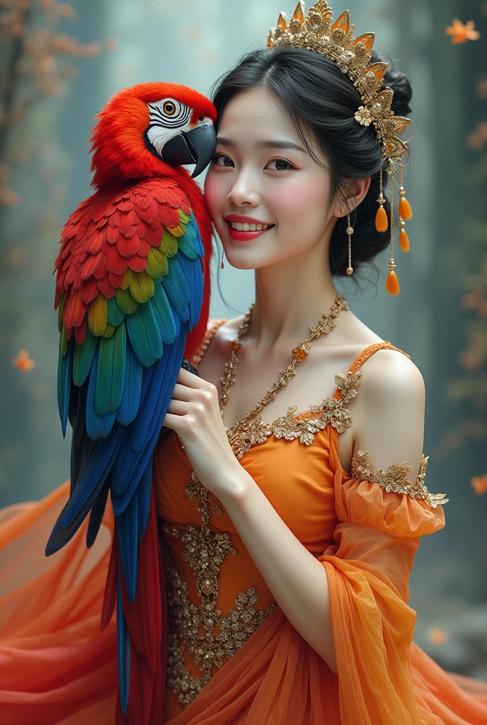 a korean woman in a colorful dress holding a big bird, detailed high quality 8k art,beautiful smile. a beautiful fantasy queen, detailed digital art, highly detailed 4k digital art, detailed fantasy digital art, colorful digital fantasy art, 4k detailed drawing, fantasy art 2,5 days, fantasy illustration, beautiful digital artwork, full hd, 16k