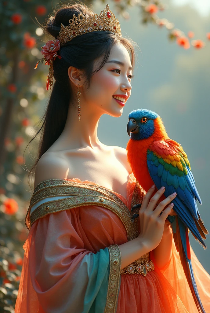 a korean woman in a colorful dress holding a big bird, detailed high quality 8k art,beautiful smile. a beautiful fantasy queen, detailed digital art, highly detailed 4k digital art, detailed fantasy digital art, colorful digital fantasy art, 4k detailed drawing, fantasy art 2,5 days, fantasy illustration, beautiful digital artwork, full hd, 16k