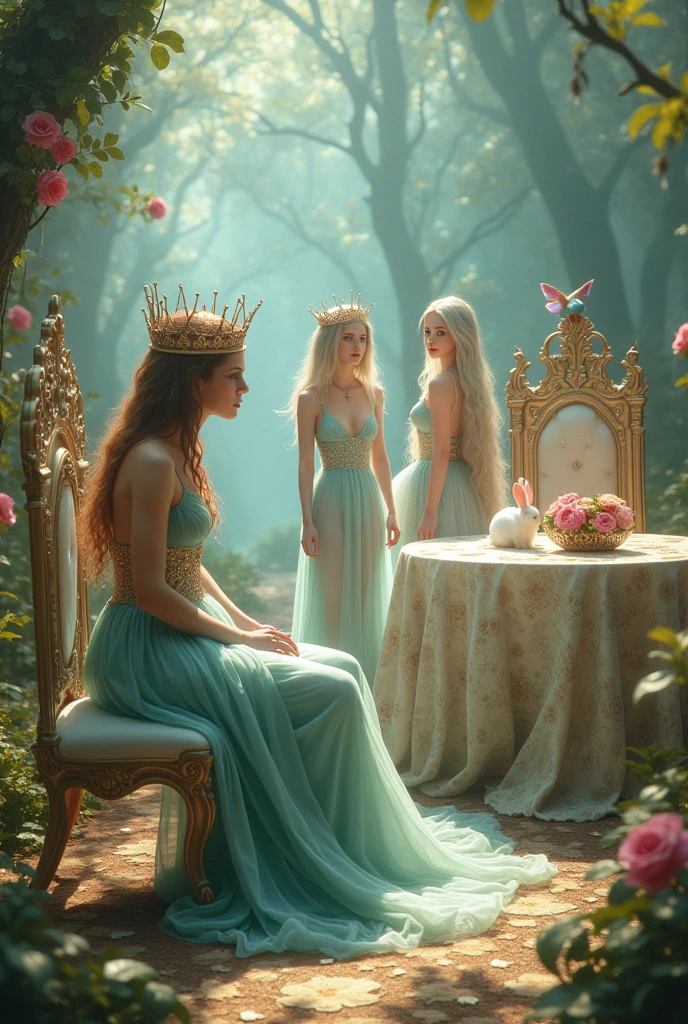 "A full-body shot of a realistic fairytale scene in a magical palace in a beautiful magical forrest bathed in sunlighting. Beautiful pastel colour pallette. A drunken fairy queen 1 with a careless expression, wearing a thin blue/green dress, sits in a thin white gold thrown holding a glass of wine. Her rose-gold delicade fairy-crown, is tilted slightly to the left on her head 1:1. A Fairy queen 2 with golden-brown long curly hair in a thin light blue dress is standing by looking at fairy queen1 with staring eyes. Singing fairy3 with a long white hair in a sheer golden wet transparent dress outfit, big breasts, thin waist, big butt, looks provocative with her mouth at fairy queen 2 laughing, Elf king is sitting on a royal chair in a elfie chlothes. A white rapid sits in on a decorative dining table1:1, while a rainbow colored bird perches on the top of the thin thrown. The scene includes a messy fairy queens in a beautiful and magical forrest palace. The vast environment paints a magical but weird admosphere.