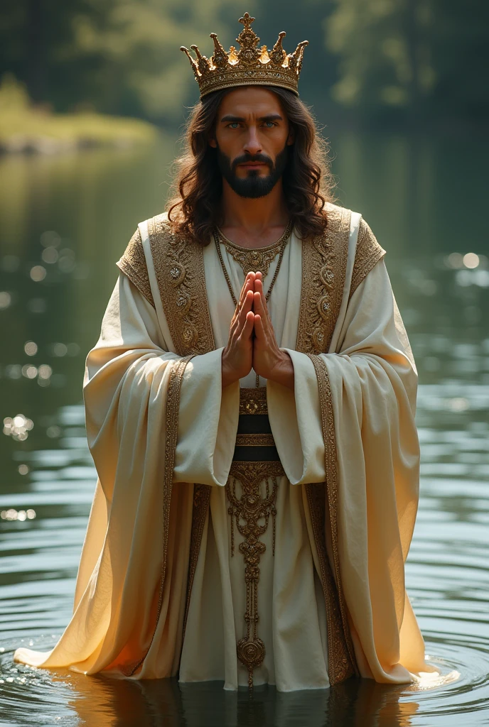 Mão perfeita 5 dedos, Portrait of a handsome Jesus Cristo wearing the king clothes with crown of king floating the toe in the water, Jesus Cristo, olhos azuis reais, dia ensolarado, detalhes intrincados.real Jesus Cristo, rosto de cabeça reta, Corpo reto.Prayer Jesus Cristo, Corpo inteiro perfeito, mãos perfeitas dedo,Prayer Jesus Cristo, praying Jesus Cristo backgrounds natural photographic