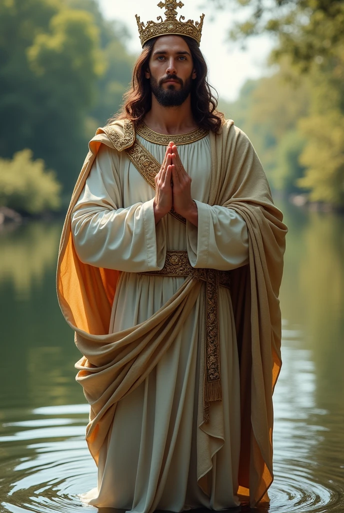 Mão perfeita 5 dedos, Portrait of a handsome Jesus Cristo wearing the king clothes with crown of king floating the toe in the water, Jesus Cristo, olhos azuis reais, dia ensolarado, detalhes intrincados.real Jesus Cristo, rosto de cabeça reta, Corpo reto.Prayer Jesus Cristo, Corpo inteiro perfeito,  mãos perfeitas dedo,Prayer Jesus Cristo, praying Jesus Cristo backgrounds natural photographic