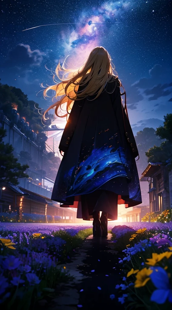 1people々々々々々々々々々々々,Blonde long-haired woman,Long coat, Dress Silhouette, Rear View,Space Sky, Flower Field,Colorful flowers