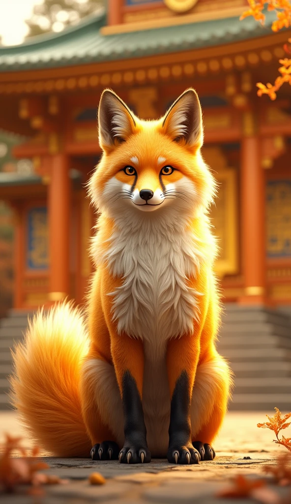 Highest quality、 Ultra-high resolution、4K Ultra HD、Golden fur fox、The Golden Temple、Japanese style、Gold background、Increase your luck with money