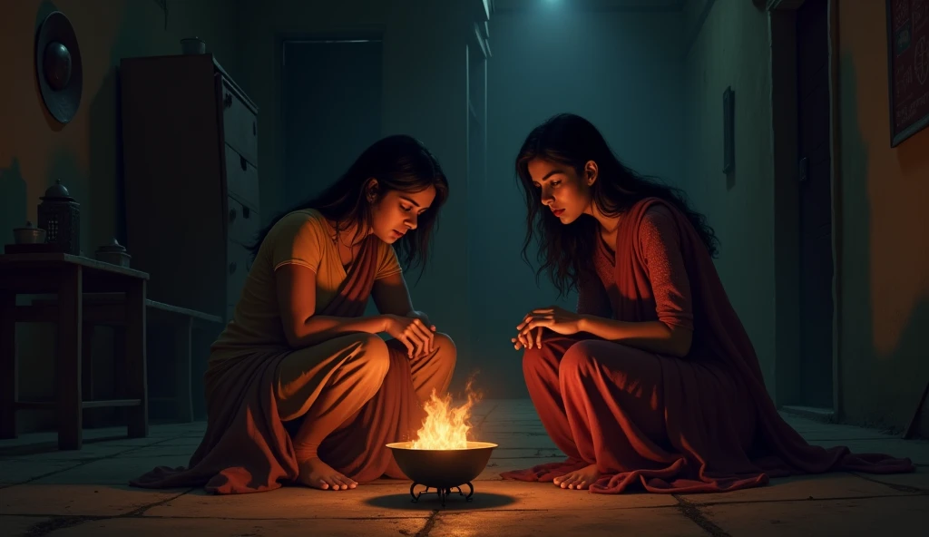 A dimly lit room inside the house at night, Rahul and Savita sitting close to a small fire in a metal brazier, looking tense.