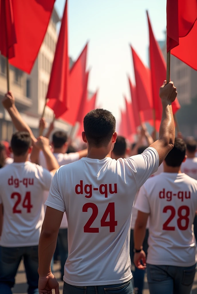 Men campaigning for red and white flags, white shirts on the back that say "DG-Qu 24"