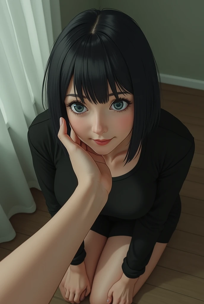 A submissive woman ((kneeling on the floor)) is looking at me while in first person view I caress her face, she has long straight black hair bangs on her forehead and green eyes she wears a simple black outfit ((First person view)) as if I myself was standing in front of her stroking her face, I see my arm stretched out and my hand caressing her face as she rests her face on my hand to feel my caresses, she has a satisfied expression with a small sweet smile.