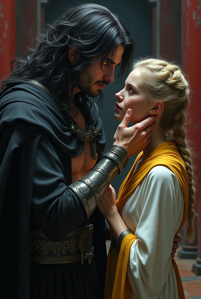 Dark man with bright yellow eyes,  with long, wavy, messy black hair. Wearing a black cloak and dark metal belt and silver bracelets...His strong chest is exposed between the black cape. In front of him is a blonde woman with her hair tied up high with some braids..  She wears a white and yellow monk-style feminine outfit.. They are both in a black and red room. The man touches the woman&#39;s face