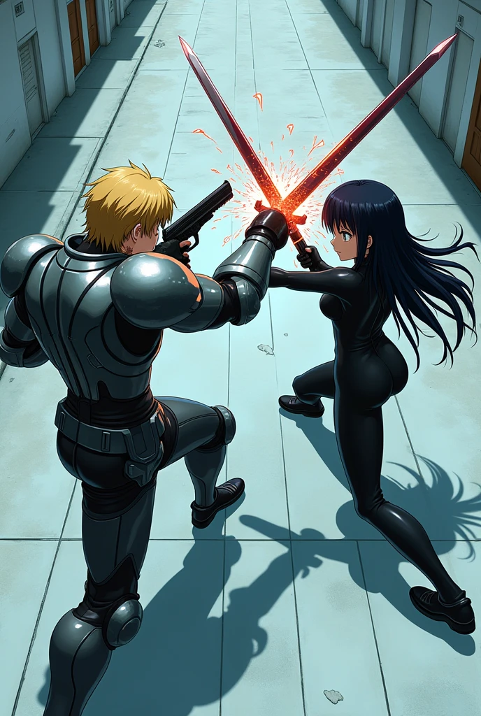 The image is anime style with shadows and dim lights, anime style although somewhat adult and dark, It shows a scene of a wide street with white walls., and whose soil, It&#39;s like crystal clear water, which perfectly reflects what happens on its surface. On that street a man with medium-length blond hair is fighting, wearing armor on his arms and holding a gun., fights against a single android with long black hair and a latex suit holding two swords in her hands. The image is focused from above, so you can barely see the fighters in question. The man&#39;s metal arm deflects a sword blow from the android and the shock wave destroys a wall