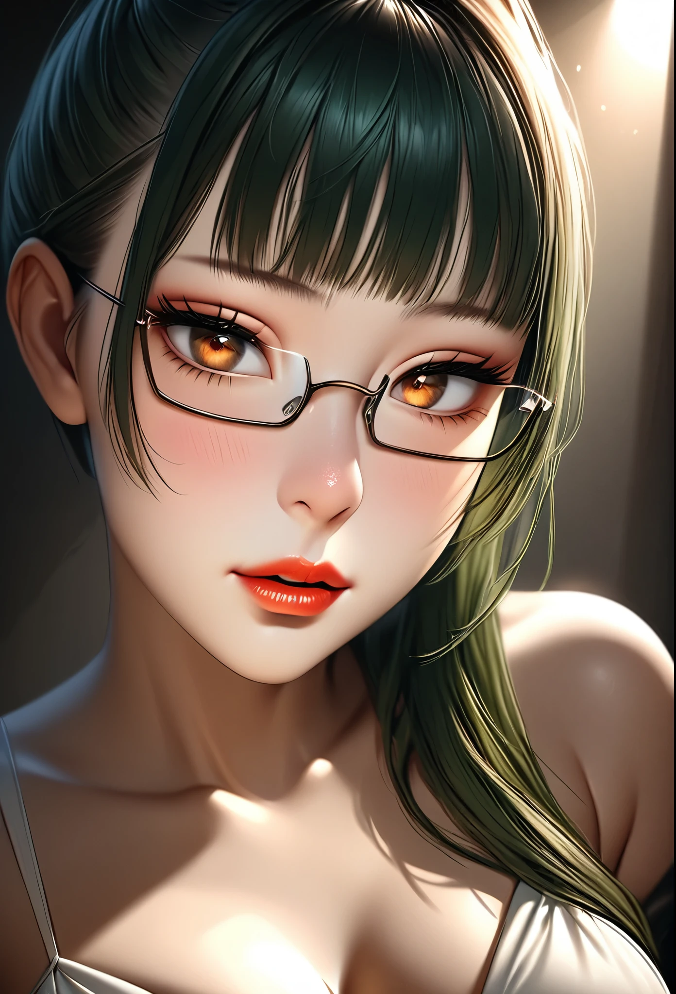 1girl, elegant erotic beautiful girl, ((long green hair with pony tail and straight bangs)), detailed face portrait, glasses, maxi dress, adultery, indecent, vulgar, (best quality,4k,8k,highres,masterpiece:1.2),ultra-detailed,(realistic,photorealistic,photo-realistic:1.37),intricate details, delicate facial features, beautiful amber eyes, ulzzang, long eyelashes, small nose, full lips, porcelain skin, natural lighting, warm color palette, chiaroscuro lighting, dramatic shadows, sensual, alluring, mature themes, artistic, dreamlike, ethereal, sideboob, cleavage, looking at viewer, ulzzang, (amber eyes), (close up face portrait),
