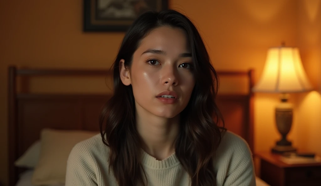 A highly realistic, high-contrast, 8K HD, detailed, hyper-detailed image of a young woman from the previous image, shown from the waist up, speaking directly to the camera. The scene is set in the same cozy, American-style room with warm, orange lighting. The woman's face is clearly visible, with a neutral expression as she engages in conversation. Her straight, dark hair and light-colored sweater are distinct and consistent with the previous image. The background remains simple, with soft shadows to keep the focus on the woman as she speaks, creating an intimate and direct connection with the viewer.