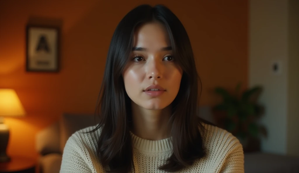 A highly realistic, high-contrast, 8K HD, detailed, hyper-detailed image of a young woman from the previous image, shown from the waist up, speaking directly to the camera. The scene is set in the same cozy, American-style room with warm, orange lighting. The woman's face is clearly visible, with a neutral expression as she engages in conversation. Her straight, dark hair and light-colored sweater are distinct and consistent with the previous image. The background remains simple, with soft shadows to keep the focus on the woman as she speaks, creating an intimate and direct connection with the viewer.