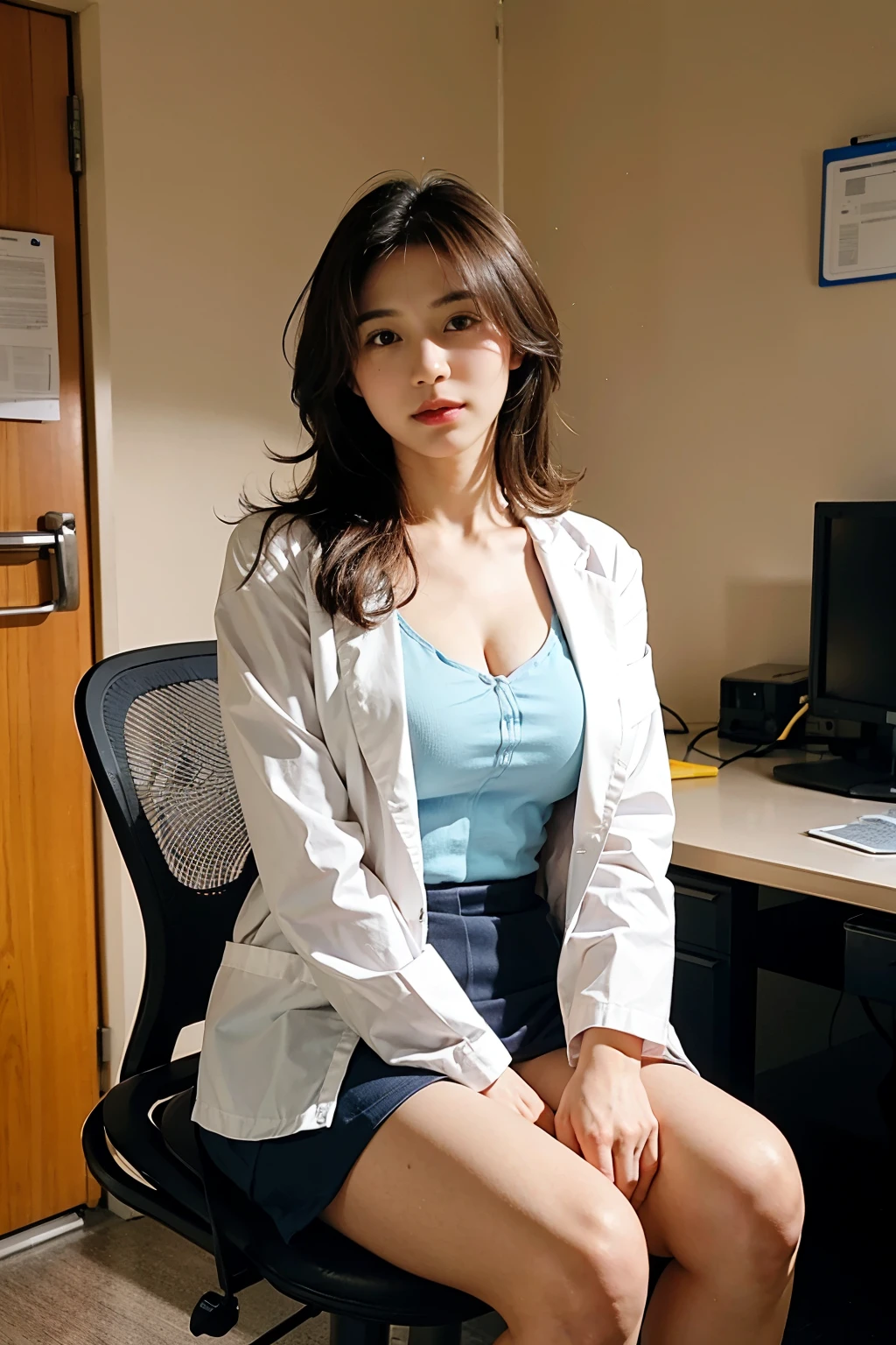 Image of a female doctor and a male patient,Examination room、Sit on a chair、Bust is larger、Cleavage、mini skirt、Examining、Taking a male patient's blood pressure、Wear a doctor's uniform,realisticlying,dynamic lights,Brush cut,Thin stature,cleavage,high detal,tack sharp focus,Taking a male patient's blood pressure