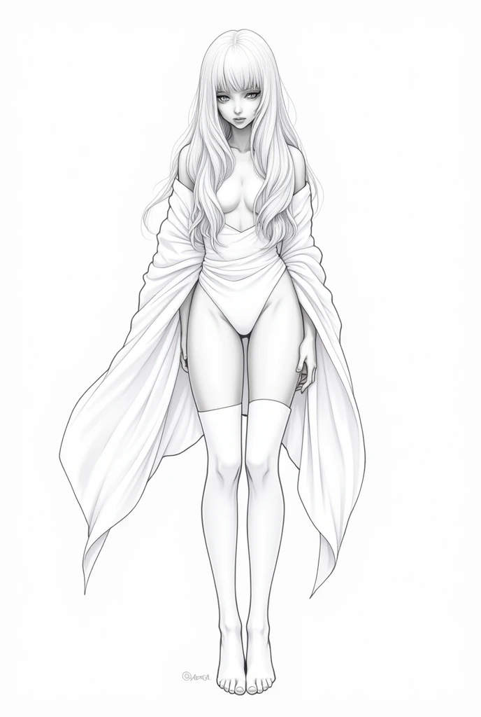 Lineart image of a girl sitting in the middle of a blank background Wearing high socks long white hair, white skin, white clothes, white shoes, white background line art.No colors thick thighs thick  facing forward Apply facing down prespective a hot stinging 