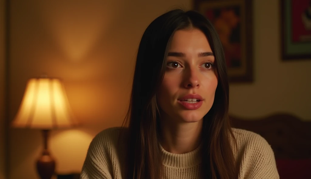A highly realistic, high-contrast, 8K HD, detailed, hyper-detailed image of a young woman from the previous image, shown from the waist up, speaking directly to the camera. The scene is set in the same cozy, American-style room with warm, orange lighting. The woman's face is clearly visible, with a neutral expression as she engages in conversation. Her straight, dark hair and light-colored sweater are distinct and consistent with the previous image. The background remains simple, with soft shadows to keep the focus on the woman as she speaks, creating an intimate and direct connection with the viewer.