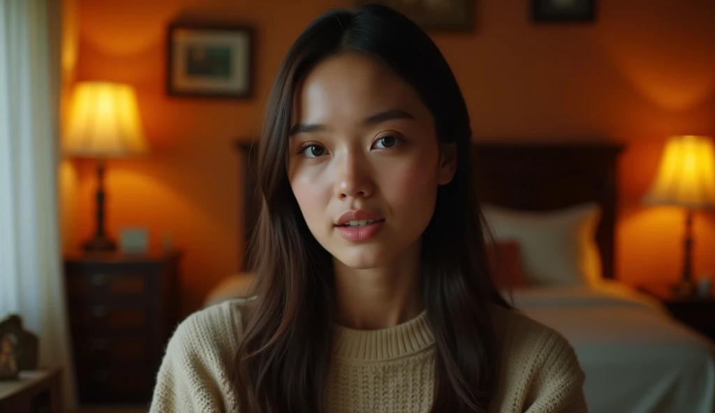 A highly realistic, high-contrast, 8K HD, detailed, hyper-detailed image of a young woman from the previous image, shown from the waist up, speaking directly to the camera. The scene is set in the same cozy, American-style room with warm, orange lighting. The woman's face is clearly visible, with a neutral expression as she engages in conversation. Her straight, dark hair and light-colored sweater are distinct and consistent with the previous image. The background remains simple, with soft shadows to keep the focus on the woman as she speaks, creating an intimate and direct connection with the viewer.