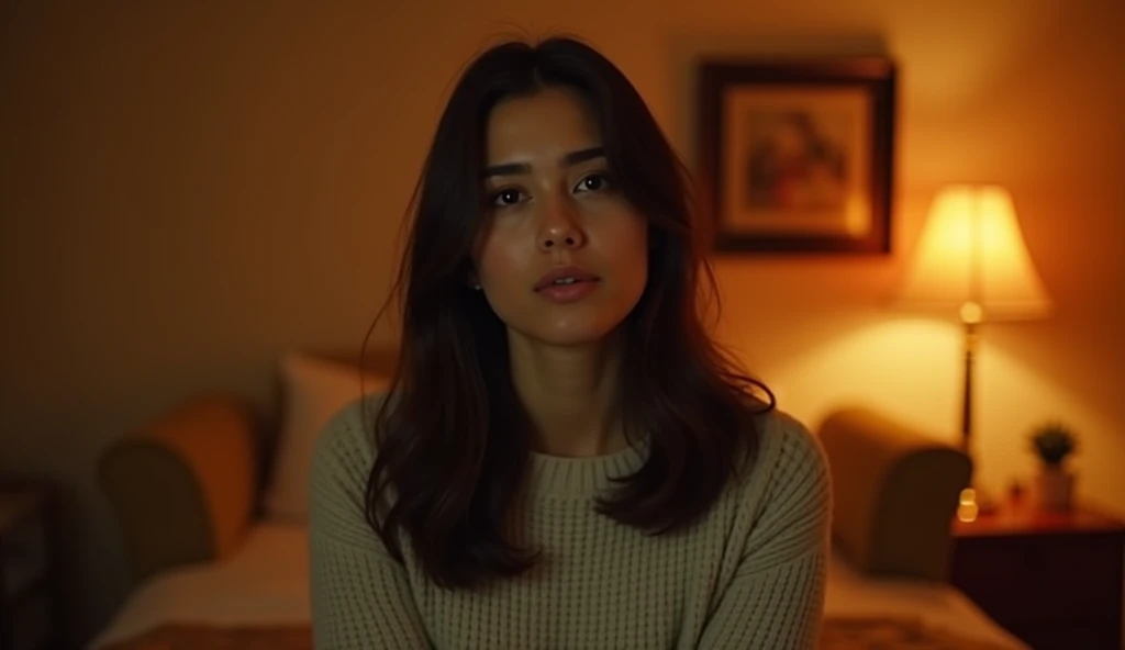 A highly realistic, high-contrast, 8K HD, detailed, hyper-detailed image of a young woman from the previous image, shown from the waist up, speaking directly to the camera. The scene is set in the same cozy, American-style room with warm, orange lighting. The woman's face is clearly visible, with a neutral expression as she engages in conversation. Her straight, dark hair and light-colored sweater are distinct and consistent with the previous image. The background remains simple, with soft shadows to keep the focus on the woman as she speaks, creating an intimate and direct connection with the viewer.
