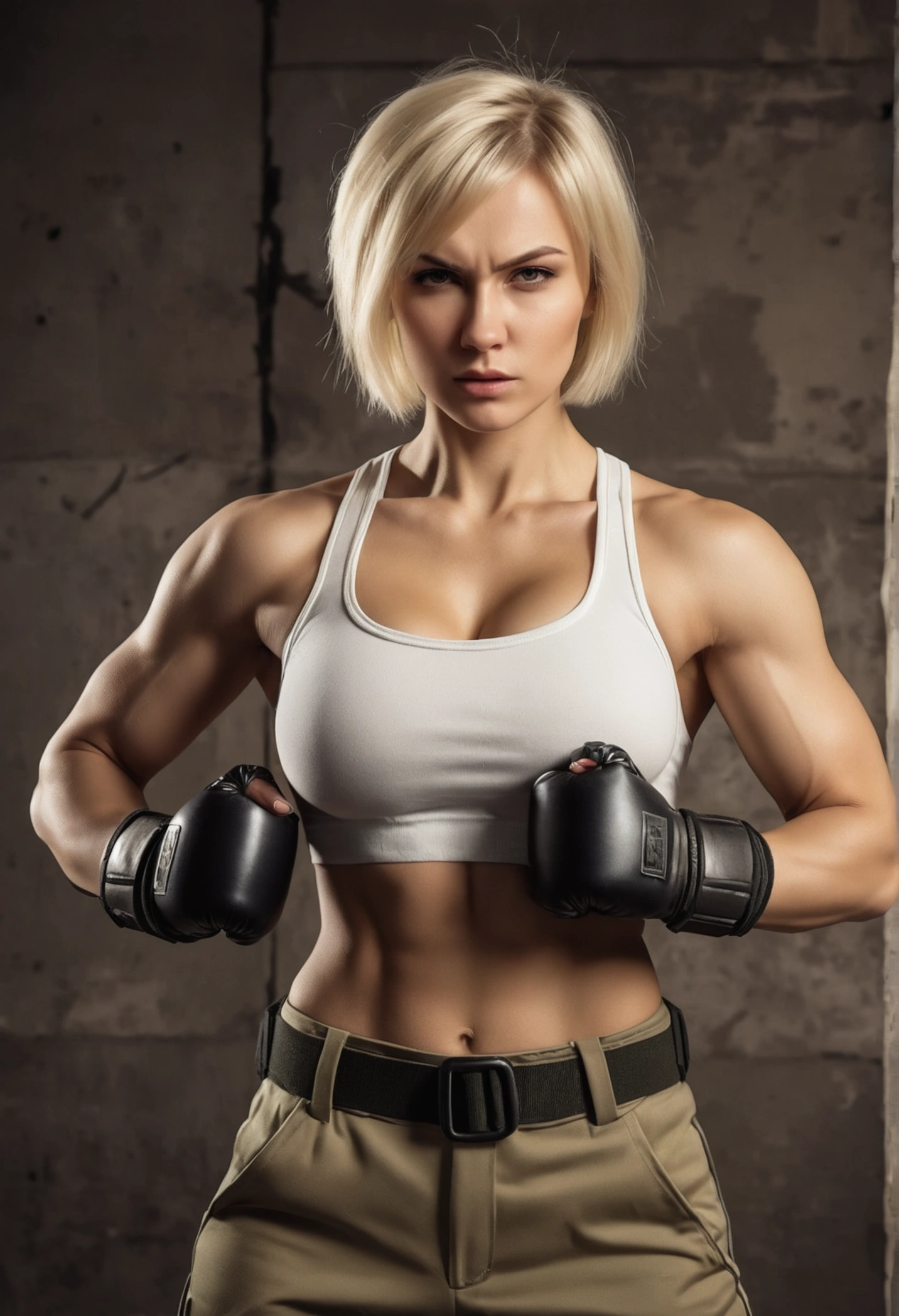 Russian, blond short hair, beautiful military girl, with a big breast, toned abs and arms ready to fight in a hand to hand combat
