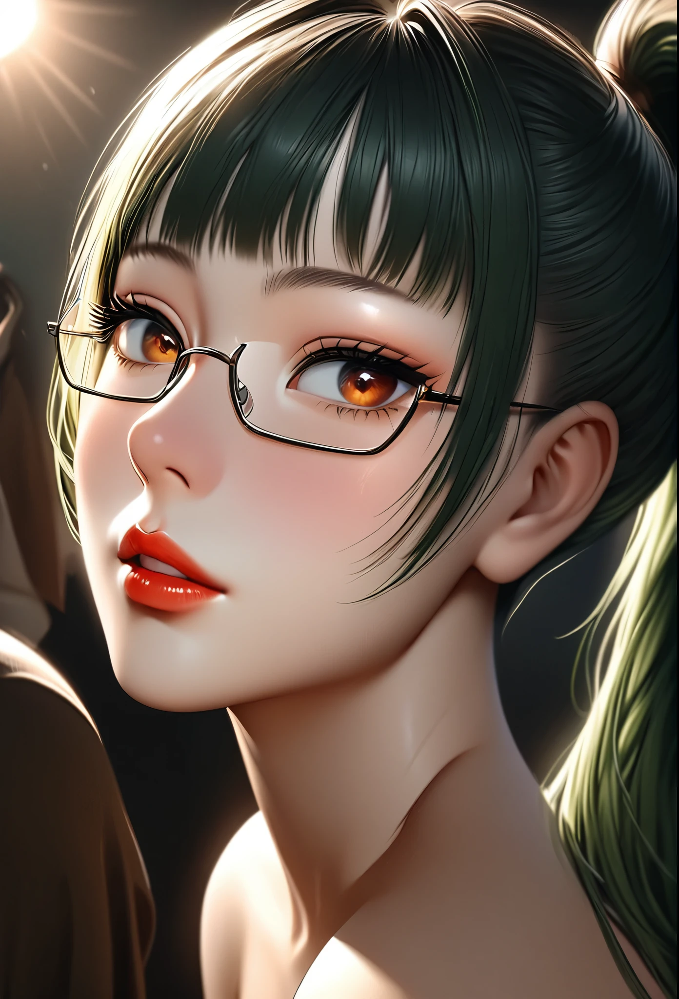 1girl, elegant erotic beautiful girl, ((long green hair with pony tail and straight bangs)), detailed face portrait, glasses, maxi dress, adultery, indecent, vulgar, (best quality,4k,8k,highres,masterpiece:1.2),ultra-detailed,(realistic,photorealistic,photo-realistic:1.37),intricate details, delicate facial features, beautiful amber eyes, ulzzang, long eyelashes, small nose, full lips, porcelain skin, natural lighting, warm color palette, chiaroscuro lighting, dramatic shadows, sensual, alluring, mature themes, artistic, dreamlike, ethereal, sideboob, cleavage, looking at viewer, ulzzang, (amber eyes), (close up face portrait),
