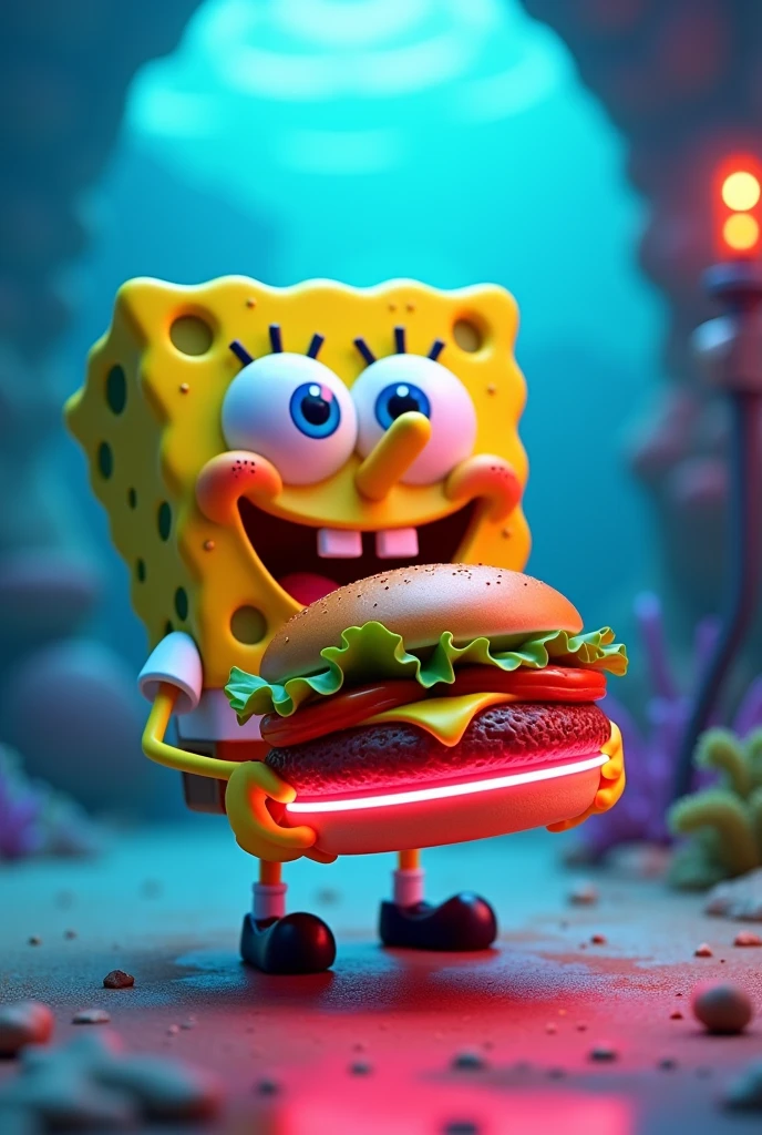 Spongebob with a hamburger with neon led for 3D sign