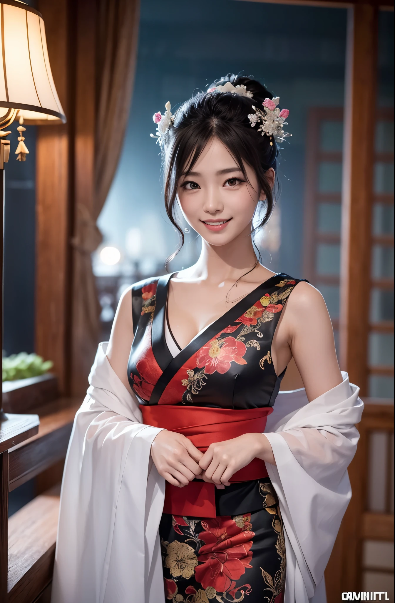 8K Ultra HD, Digital SLR,Film Grain, Fujifilm XT3,(Highest quality:1.3), (masterpiece:1.1), High resolution, Cinematic Light, Intricate details, (Realistic) (Night view) Realistic backlight、ドラマチックなredトーンの光、Beautiful Japanese Geisha full body photo, ((Facial texture Pore details)), Grin、悪魔のようなsmile, Simple messy hairstyle, 伝統的な龍のモチーフが描かれたサテンの黒いkimonoを着て, Open shoulders, Colorful dragon tattoos all over the body, Long blade, Inside a traditional villa,White-hilted Japanese sword, 8k, Front blur,Ultra HD, Digital SLR,Film Grain, Fujifilm(8k, Highest quality, masterpiece:1,2), (Realistic, Realistic:1.37), Very detailed, one person's,), (Very detailed), (Detailed and beautiful eyes), (Highest qualityの), (Very detailed ), (masterpiece), (Detailed face),woman((1)), hair((red, Wavy, length)), eye ((red eye, big eye)), Clothes((kimono,big slit, redい花柄)), accessories ((Earrings, necklace)), Huge breasts, big , smile, background,長いhair,Red Clothes,Cowboy Shot