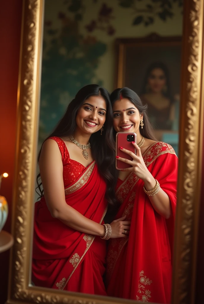 Women in red saree take a mirror selfie