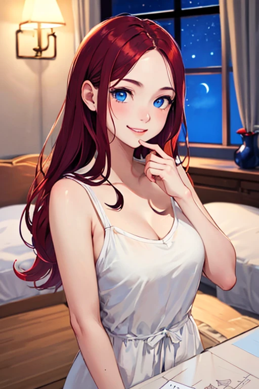 ((masterpiece)), (((best quality))), chromatic lighting,
colorized, red + white limited color palette, 
detailed concept drawing, bedroom, night time,
portrait, 20yo 1girl, medium soft breasts, slender, long red hair, blue eyes, smiling, no weird objects or colors on the face