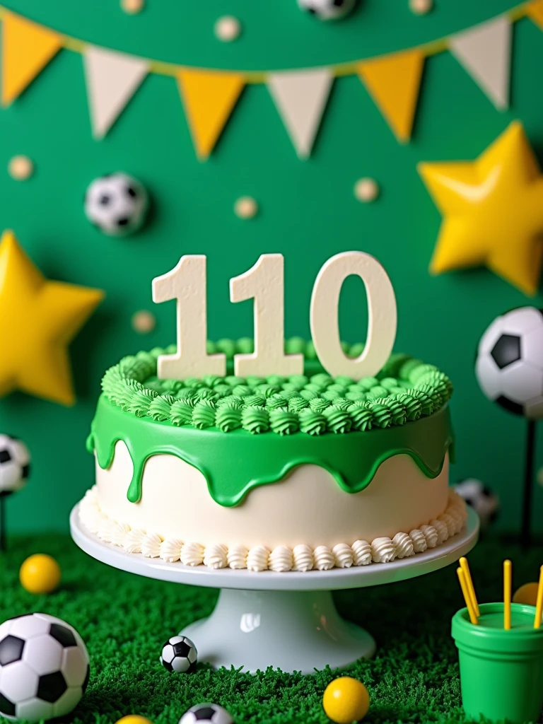 birthday cake in green and white colors with the word 110 written on it on a table decorated with a soccer  theme