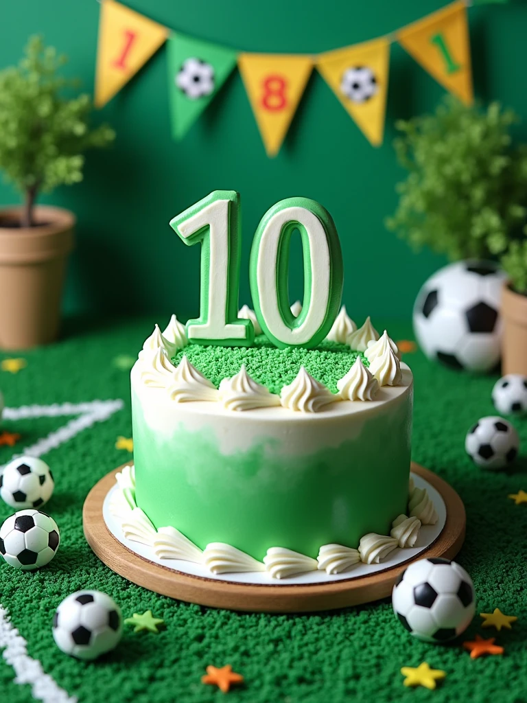 birthday cake in green and white colors with the word 110 written on it on a table decorated with a soccer  theme