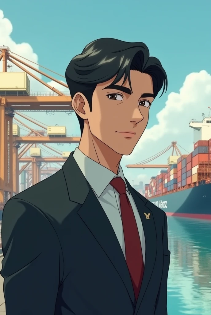 Hello, Give me a picture of a professional international business man, that he has black hair, side part hairstyle, approximately 28 years, and that it be in the Studio Ghibli style, with the DP World port with containers in the background, that the image is horizontal and full HD