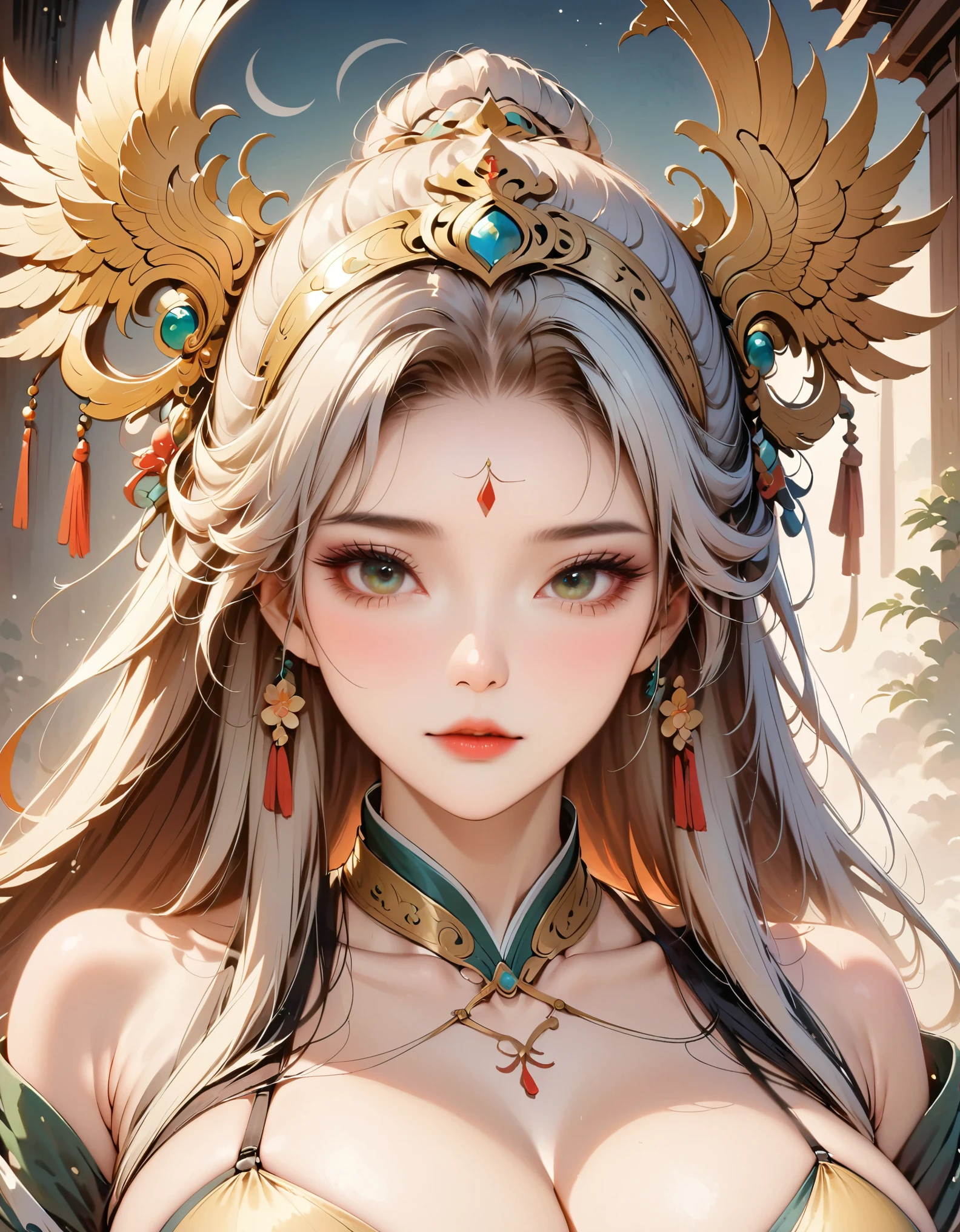 Master works, masterpieces, high quality, extreme detail, classical beauty, (1 female,huge oppai,white long hair), (wearing a loose golden armor), ((delicate face)), (best details), ((green eyes)), ((Golden headdress)),(open pose) ,sun, moon and stars background, ambitious,(full body:1.7)