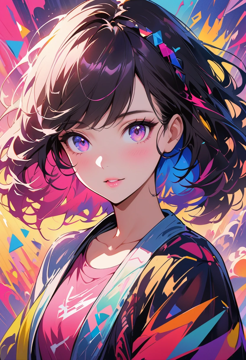 WPAP style:Portrait of a girl with a playful look in her eyes,Soft pink lips,Beautiful hairstyle,colour,Watercolour-like rendering,Happy and energetic atmosphere,A fun and modern twist,Geometric shapes,Trendy pattern,Bold and contrasting colours,Expressive brushstrokes,Vibrant composition,Dynamic lines and angles,abstract elements,Eye-catching details and textures,Professionally produced,Pop Art Inspired,colour和形状的爆炸,Loose and expressive,The colour palette is rich and vibrant,Playful and lively atmosphere,Real and vivid performance,masterpiece:1.2,Ultra Detailed,lifelike:1.37,Vivid colours,Clear focus,Defocused。