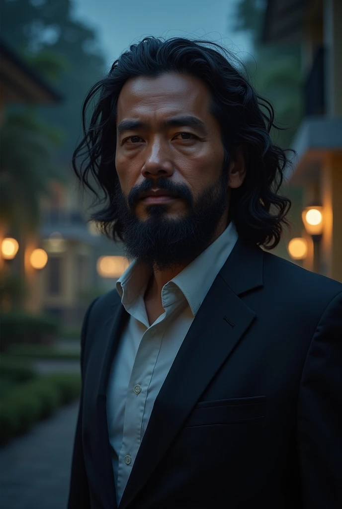 realism, suit, middle age asian man, long curly hair, black hair, black Beard, night, thai university