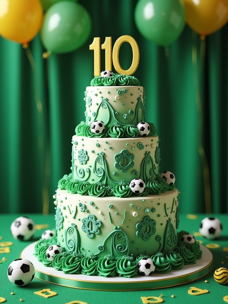birthday cake in green and white colors with the word 110 written on it on a table decorated with a soccer theme ,realistic, high quality graphics