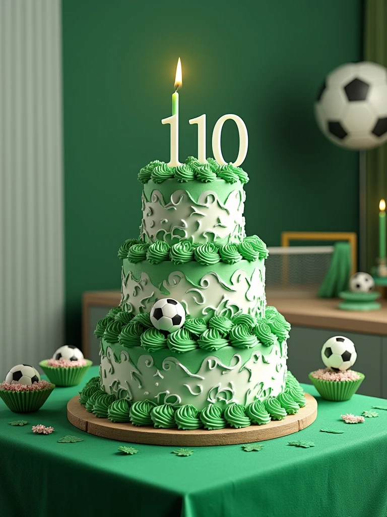 birthday cake in green and white colors with the word 110 written on it on a table decorated with a soccer theme ,realistic, high quality graphics