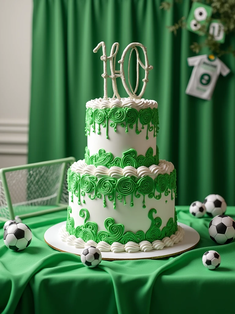 birthday cake in green and white colors with the word 110 written on it on a table decorated with a soccer theme ,realistic, high quality graphics