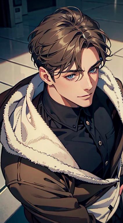 a mature man with short grey Brown hair, blue eyes, 34 years, and a perfect face, smiling in love, CEO, cinematic lighting, 1:4 HDR image, top view, ultra detailed, best quality, masterpiece, 8K, photorealistic, beautiful image