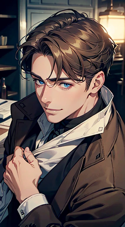 a mature man with short grey Brown hair, blue eyes, 34 years, and a perfect face, smiling in love, CEO, cinematic lighting, 1:4 HDR image, top view, ultra detailed, best quality, masterpiece, 8K, photorealistic, beautiful image
