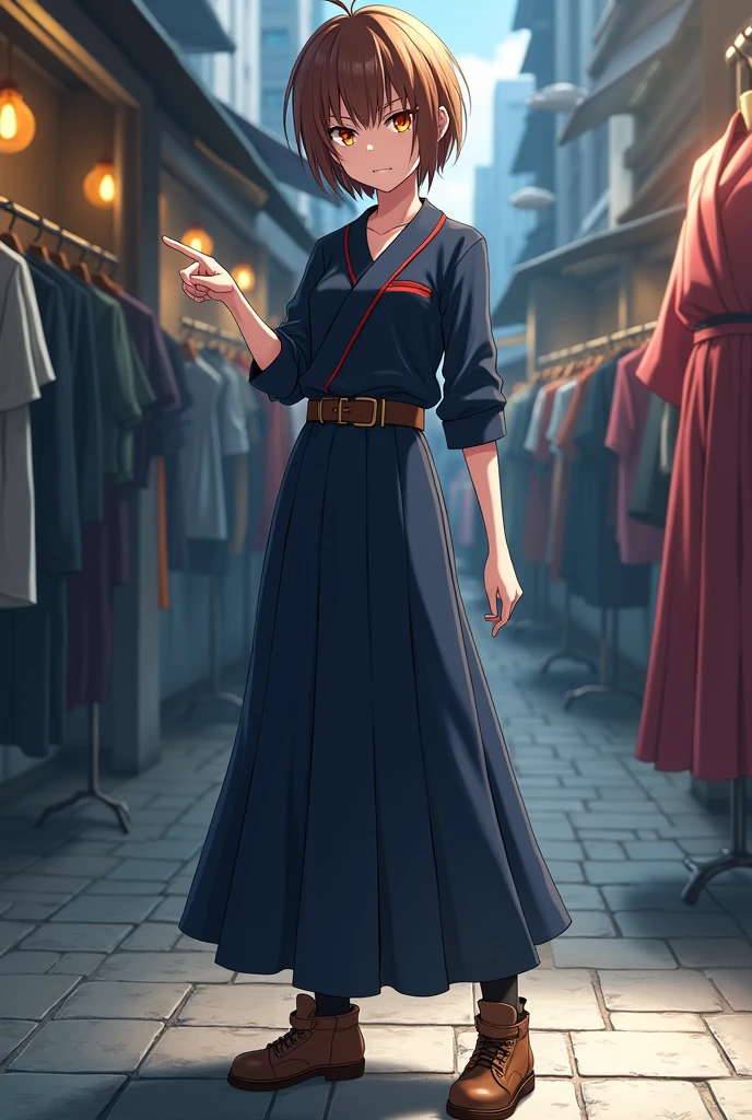 (a high resolution, 8 K, masterpiece, I look at the viewer, Best quality, very aesthetic, Ultra detailed, ultra background, Ultra eyes), complex parts, 1 girl, Nobara Kugisaki, Jujutsu in a dark blue sepakura style shirt, matching long skirt, which reaches just above the knee, wear black stockings, Brown boots, Brown belt, Short brown hair, orange eyes, angry face, in front of the clothing store, points to clothes in a store, Background City, cinematic angle