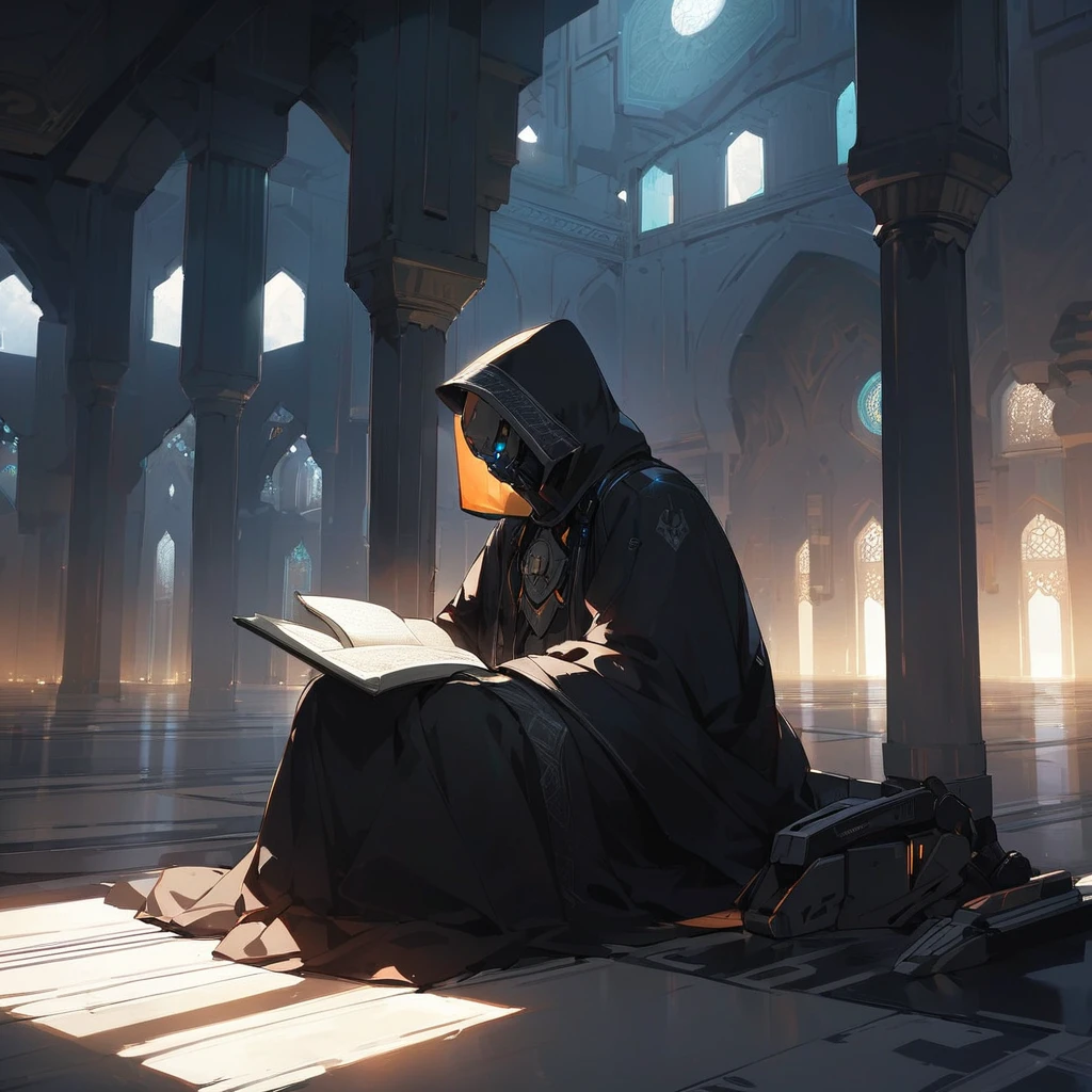 scull face sci fi robot men with dark robe hood sitting reading Quran in mosque. picture was side view. environtment was dark with evening light. look like wise and interligent. look mysterious. nobody around. clearly can see his scull face reading Quran. broad sword beside him on the floor.